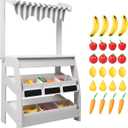 Wooden Market Stand Toy, Pretend Play Grocery Store Playset for Toddler, Fruit Vegetable Stand Selling Stall Shop with 24 PCS Food Accessories for Kids 3+
