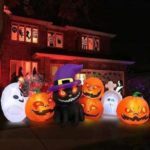 MICOCAH Halloween Inflatables Outdoor Decorations 8 FT Long Funny Pumpkin Black Cat Blow Up Lanterns Built-in LED Lights with Ghost Tombstone Scary Yard Decoration for Holiday Party Outside Lawn