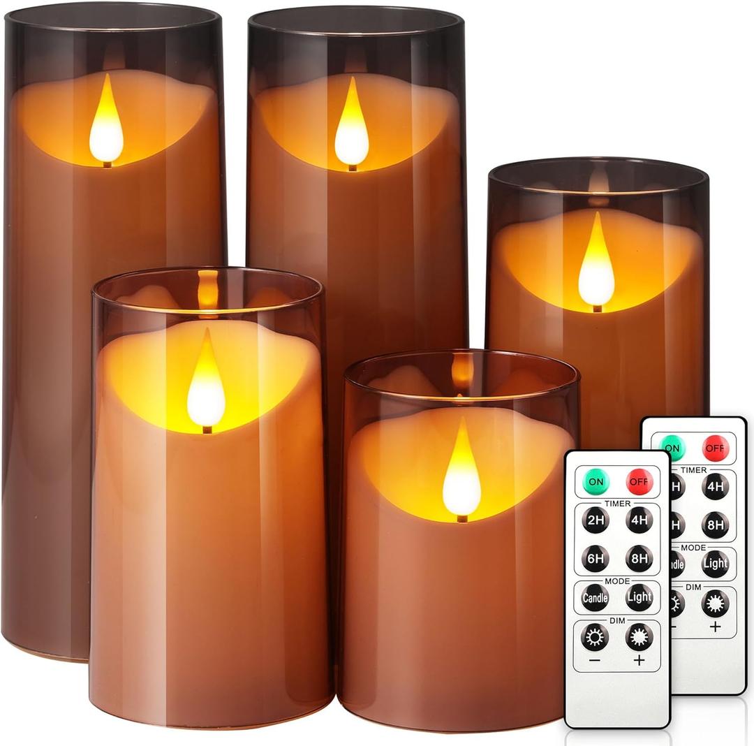 NURADA Flameless Candles: Acrylic LED Pillar Candles Battery Operated with Remote and Timer for Romantic Ambiance and Home Table Bathroom Decor, Gray, Pack of 5 (Grey Set of 5)