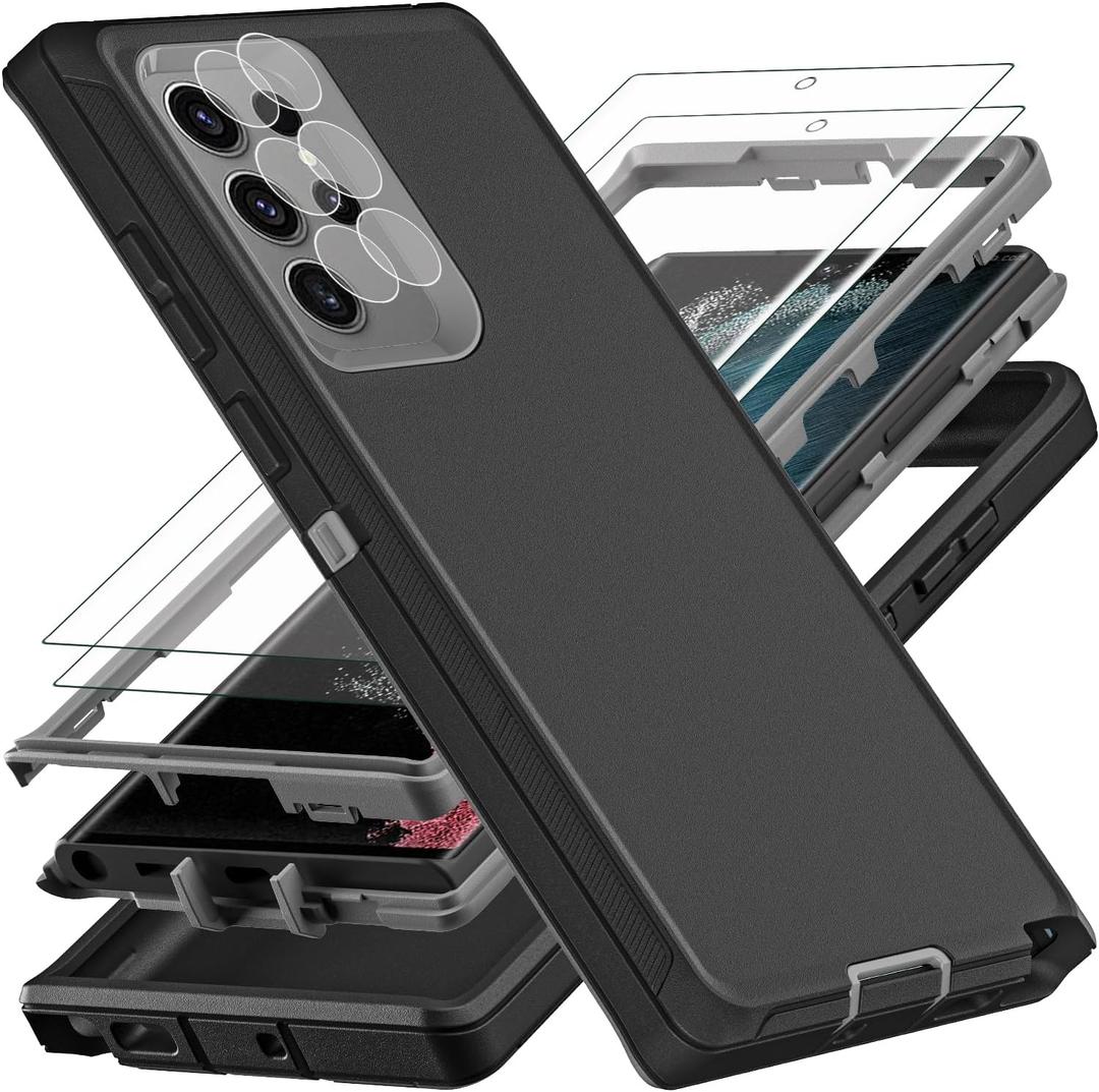YKHJKLEC for Samsung Galaxy S22 Ultra Case, Military Grade Shockproof/Drop Proof/Dust Proof Case with 2Pcs Self Healing Flexible TPU Screen Protector & Camera Lens Protector (Black/Grey)