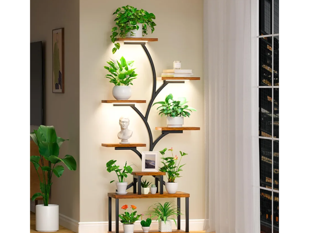 Plant Stand Indoor with Grow Lights, 25.6" Wide 64" Tall Corner Plant Shelf, Wooden Lighted Plant Holder Stand, 8 Tiered Large Plant Flower Display Shelves, Plant Rack for Living Room
