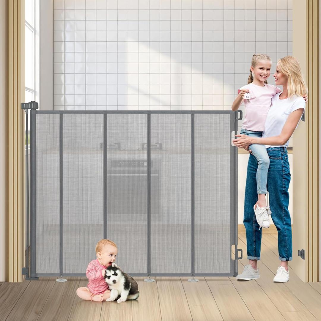 47" Extra Tall Retractable Baby Gates, Extends to 71" Wide, ExtraTall Retractable Safety Gate with Reinforced Strips, Retractable Tall Dog Gates for Doorways Mesh Baby Pet Gates Indoor, Grey 