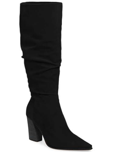 PiePieBuy Womens Faux Suede Knee High Boots Pointed Toe High Chunky Heel Side Zipper Party Dress Booties, Black, Size 6.5