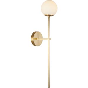 BOKT Mid Century Modern Long Wall Sconce Brushed Brass Bathroom Vanity Wall Sconce Lighting Small Gold Globe Wall Light White Glass Sphere Wall Lamp Antique Brass Wall Lighting