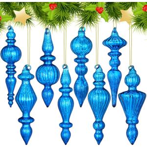 Mifoci 8 Pcs 6 Inch Mercury Glass Finial Christmas Ornaments Hanging Christmas Finials Glass Ornaments Assorted Mercury Decor for Vintage Holiday Xmas Tree Decoration(Blue)
