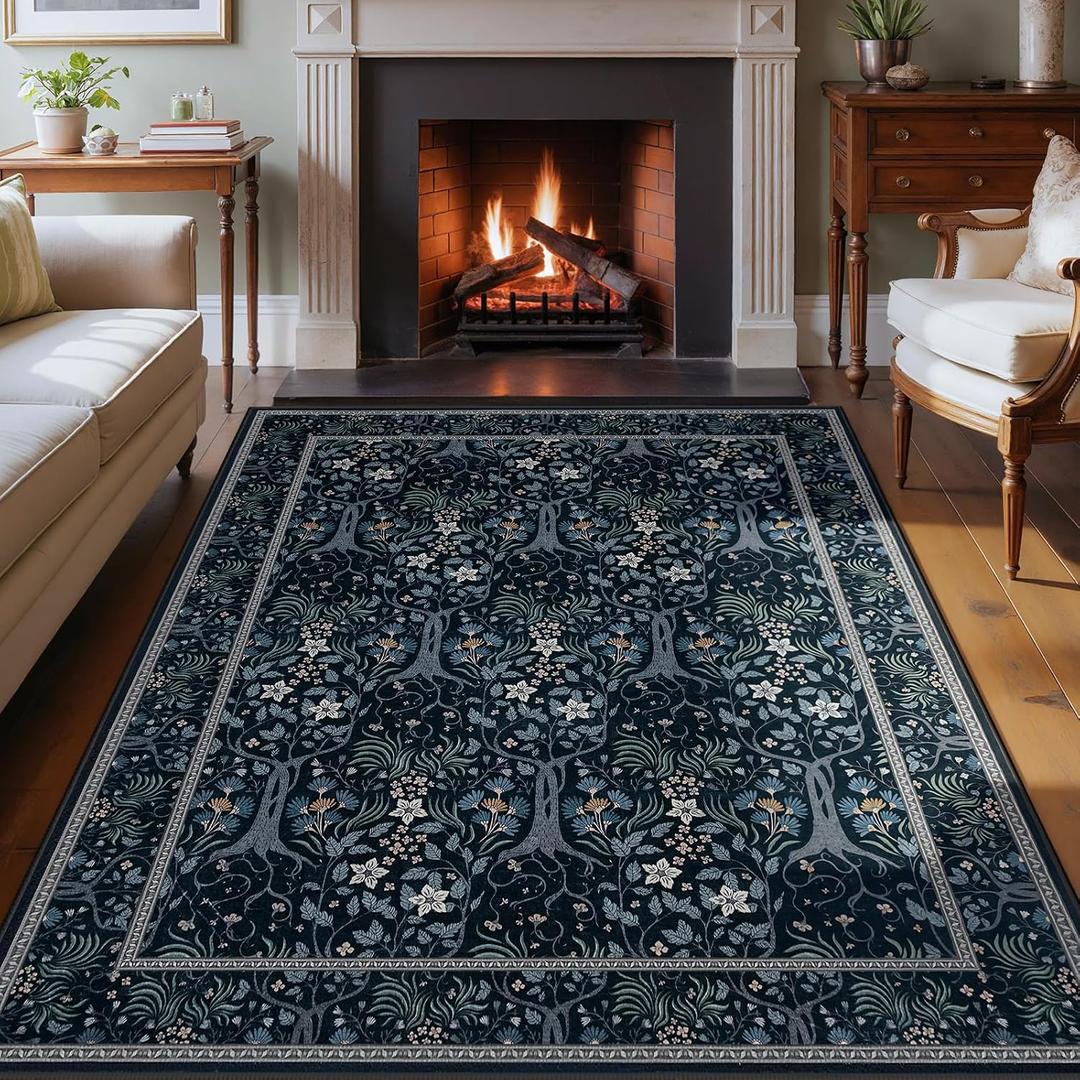 Joydeco Floral Living Room Rugs, Washable Large Bedroom Rug 8x10 Under Bed Non Slip, Soft Forest Botanical Low-Pile Floor Indoor Throw Carpet for Dining Table Home Office, Blue-Black
