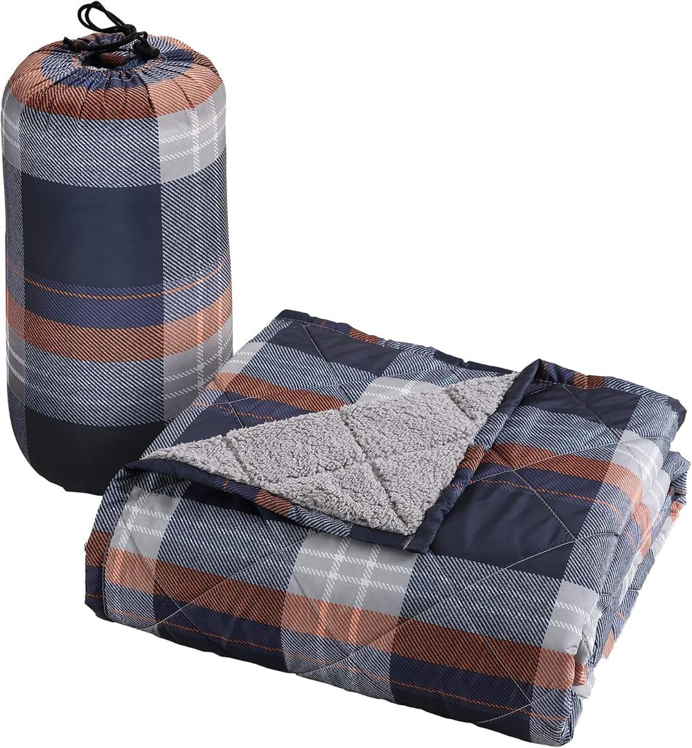 Cathay Home Coleman Indoor Outdoor Reversible Water Resistant and Sherpa Throw Blanket 50x60 Inch, Navy (CMTH107)