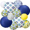 Rossesay 12 Pcs Paper Lantern Kit Amalfi Coast Capri Positano Lemon Party Supplies Summer Mediterranean Decorations Yellow Green White Lemon Pattern for Baby Shower Wedding Birthday Decorations