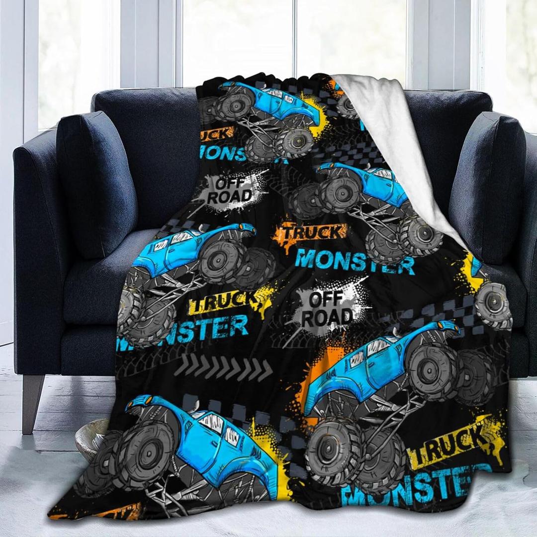 Monster Cartoon Truck Car Throw Blanket Soft Bed Bedding Warm Cozy Plush Flannel Fleece Blankets Gifts for Kids Boys Teens, Sofa Couch Bedroom Home Decor, 50"x40"