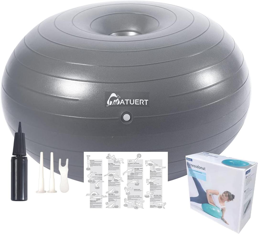 ATUERT Fitness Donut With Hand Pump, Stability and Strength Exercise, Core and Balance Training Inflatable Donut Ball Chair Cushion Seat For Classroom Home and Gym Workout (Gray)