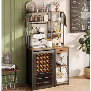 Espelism 6-Tier Mini Fridge Stand with Power Outlet and Drawer, Freestanding Bakers Rack with Storage, Microwave Storage Shelf for Kitchen, Coffee Bar Organizer with Hooks (Rustic Brown)