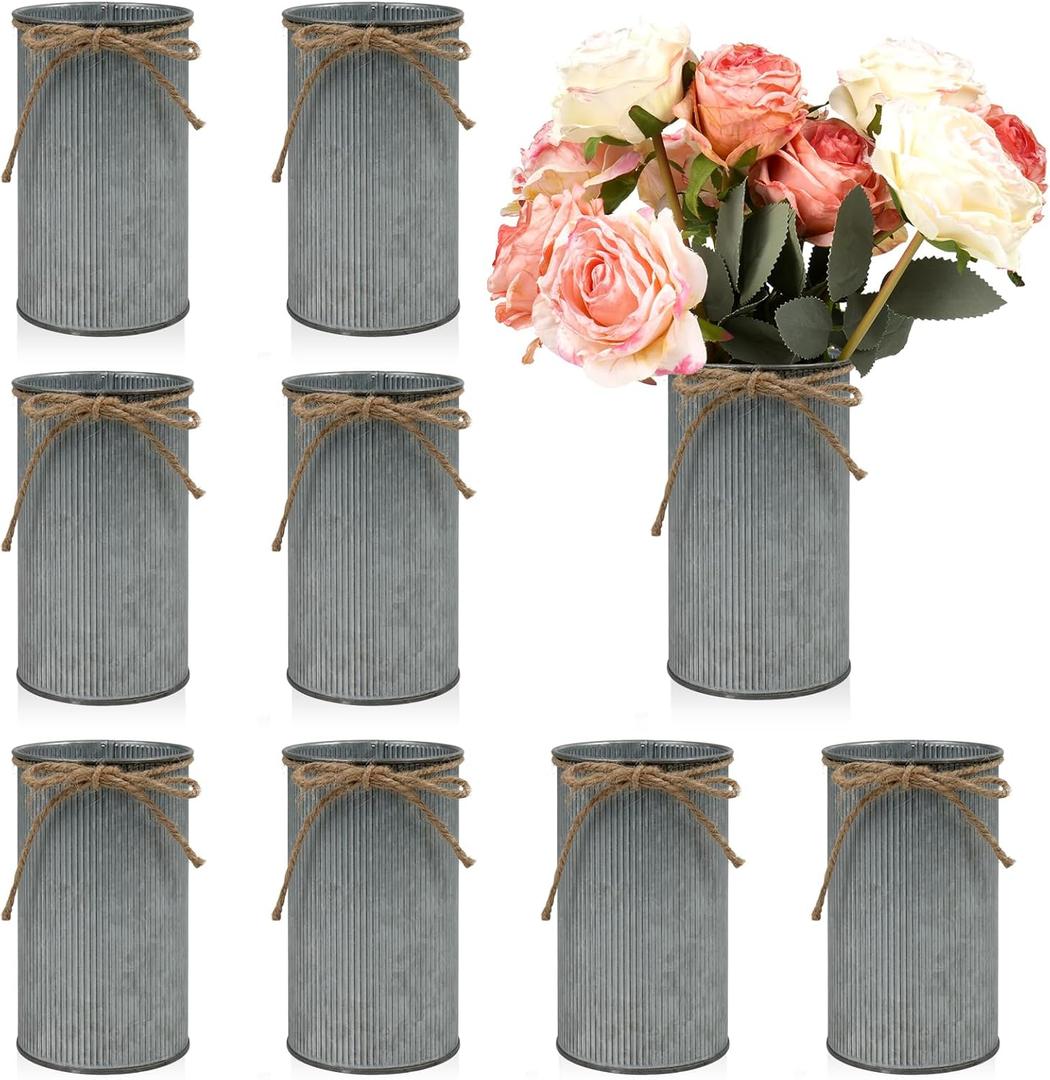 8 Pcs Large Farmhouse Vase with Twine Bow, 6x3.6 in Vintage Flower Vase Decor, Galvanized Metal Flower Vases Rustic Vase for Table Centerpiece Weddings Home Decoration (Gray)