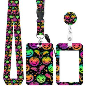 3 x ID Badge Holder with Retractable and Detachable Lanyard, Cute Badge Reel Breakaway Lanyard with Carabiner Clip for Women, Teachers, Nurses, Perfect Work and Office(Colourful Haloween Pumpkins)