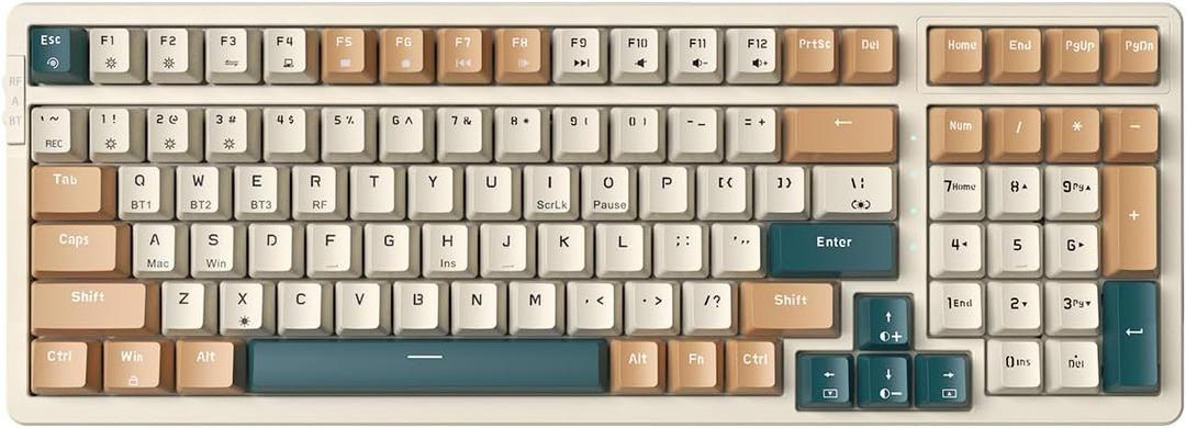 Qisan Wireless/Wired Mechanical Keyboard, Triple Mode 2.4G/USB-C/BT Wireless Gaming Keyboard, 100 Keys (98%) US Layout Brown Switch Rechargeable RGB Backlit Keyboard | Brown Combo (Brown Switch-Brown Combo)
