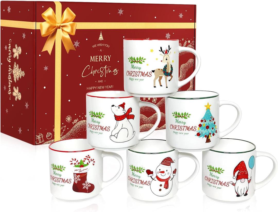 QIKSION Christmas Coffee Mugs Set of 6, 14oz Hot Chocolate Mugs, Cocoa Ceramic Mug, Perfect for Holiday Gifts