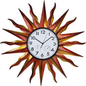 Large Outdoor Clock with Thermometer & Humidity - Silent Non-Ticking, Retro Sun Outdoor Wall Clock for Patio, Garden, Kitchen, Living Room(Yellow)