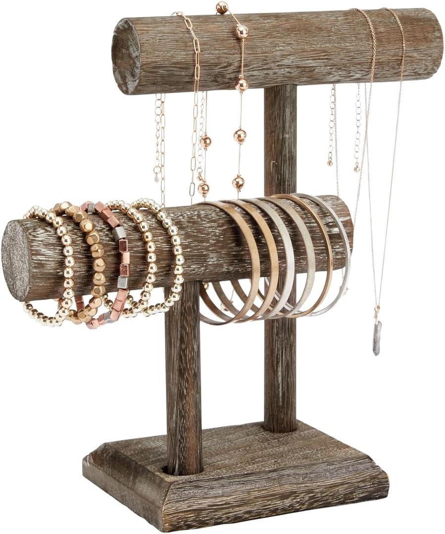 Bright Creations 2-Tier Wooden Bracelet Display Stand - Bracelet Organizer & Necklace Holder - Ample Tiered Jewelry Display - Compact Rustic Jewelry Stand - 8 x 4 x 9 in, Brown, Rustic