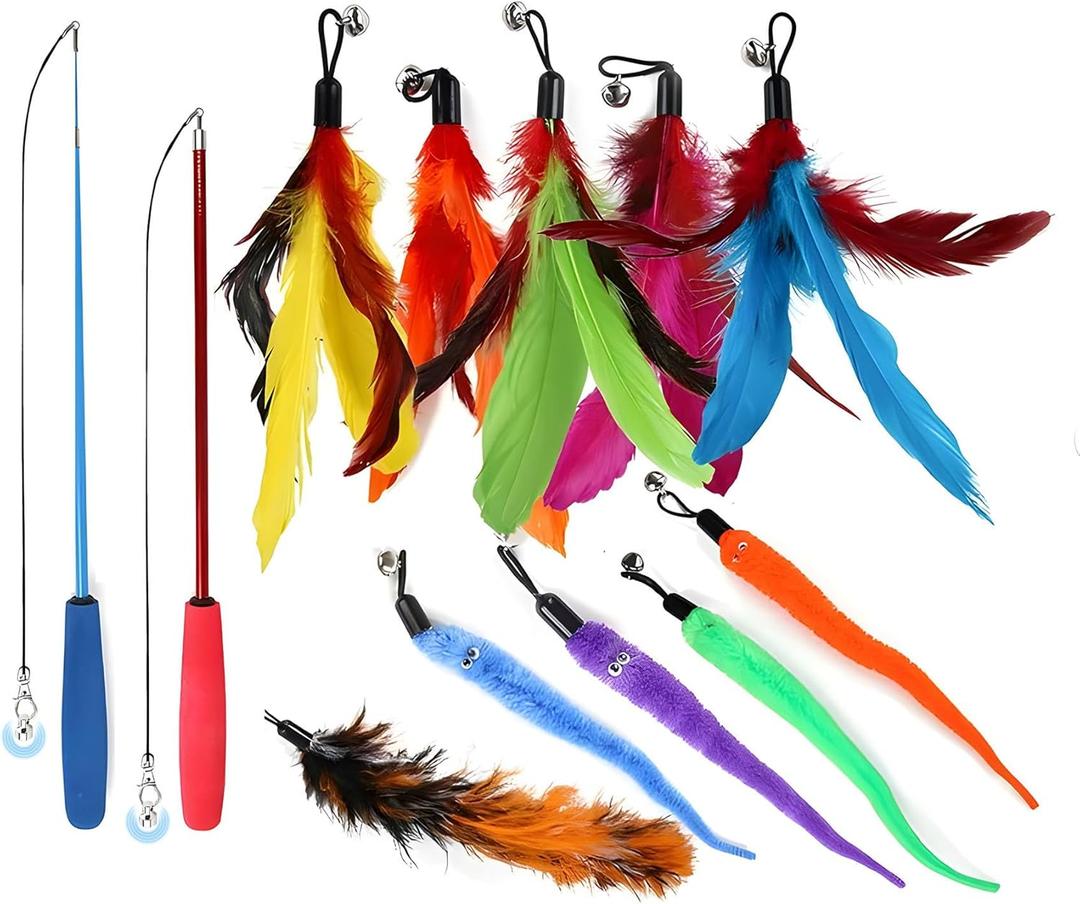 Magnetic Cat Wand Toy Set  2PCS Retractable Wands, 10 Feather Refills, and 2 Silver Magnetic Connectors for Interactive Indoor Cat Play (14PCS)
