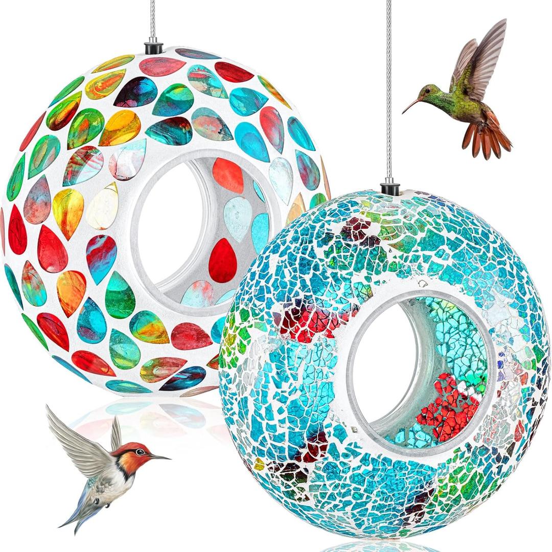 2 Pcs Glass Mosaic Hanging Bird Feeders Fly Through Round Bird Feeders for Outside Yard Garden Backyard Deck Porch Decor, 7-inch