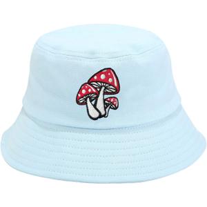 2 x Mushroom Embroidered Bucket Hat for Men Women Girl, Light Blue Summer Travel Fisherman Beach Sun Hat Embroidery Outdoor Cap (Blue)