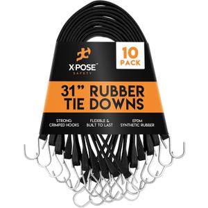 Rubber Bungee Cords with Hooks - Black EPDM Synthetic Heavy-Duty Rubber Tie Down Straps for Outdoor, 31 inch 10 Pack (47" Max Stretch) Tarp Covers, Canvas Canopies, Motorcycle, Cargo - Xpose Safety