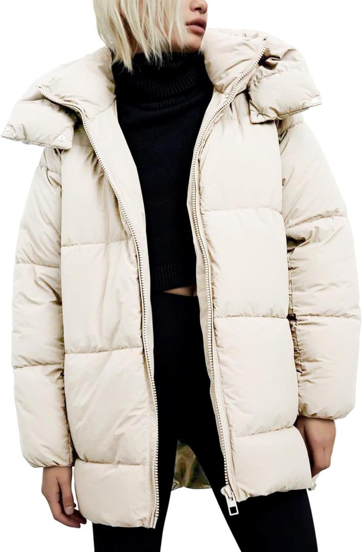 Gihuo Womens Quilted Puffer Coat Hoodie Winter Oversized Mid-Length Padded Down Jacket Warm Heavyweight Bubble Outerwear (Small, Beige)