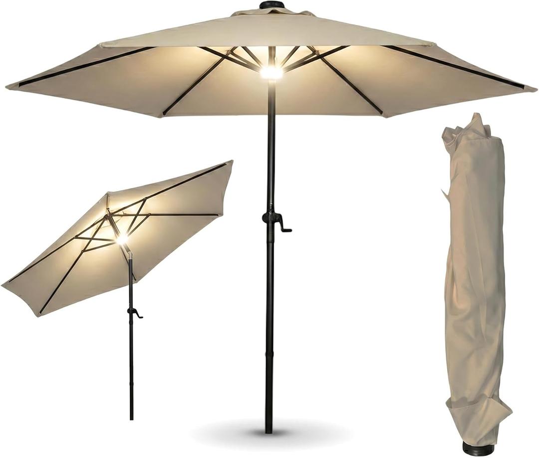 9ft Solar Powered Outdoor Patio Umbrella with LED Lights 180G Polyester Canopy 38mm Iron Pole & 12*18mm Iron Ribs, 360 Tilt Adjustable, USB Charging Port, for Garden Backyard Deck Poolside (khaki)