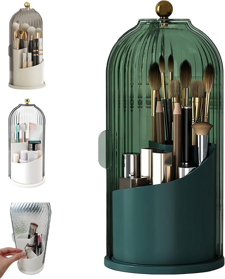 Concealed Toothbrush Holder, Rotating Bathroom Organizer Countertop, Toothbrush Holders with Cover, Bathroom Counter Organizer with Covered Makeup Brush Holder (1pcs Green)