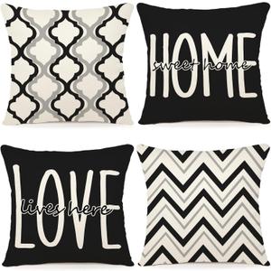 YCOLL Farmhouse Pillow Covers 18x18 Set of 4 Throw Pillow Covers Rustic Linen Decorative Pillows Square Cushion Covers for Couch Sofa Bedroom Home Decor (Black)