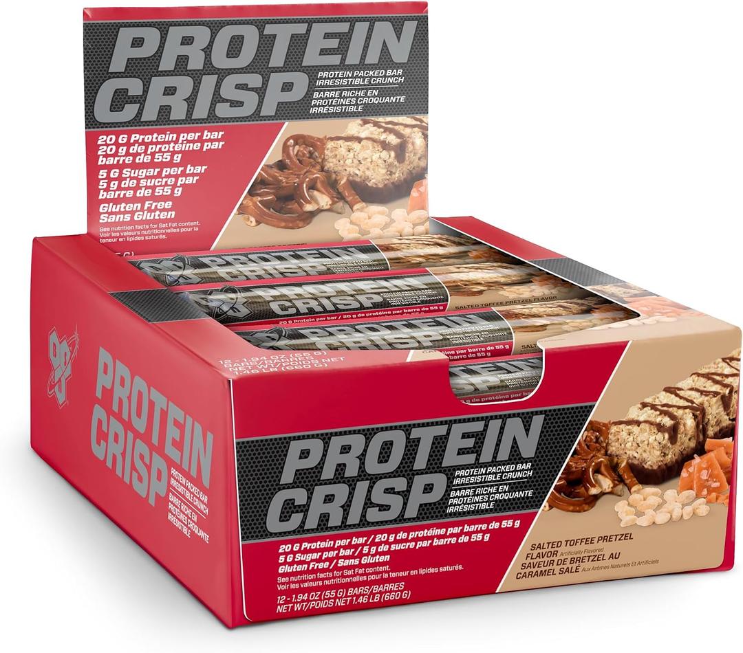 BSN Protein Crisp Bar, Salted Toffee Pretzel, 20 Gram Protein Snack Bars with Whey and Fiber, Gluten-Free Crunchy Energy Bars for Workout, Fitness, On-the-Go, 12 Count (EXP 07/08/26)
