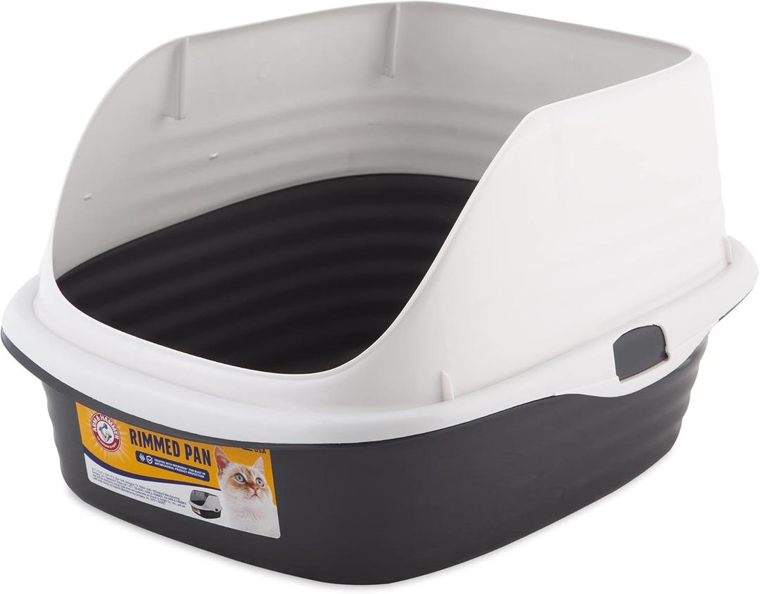 Arm & Hammer Rimmed Cat Litter Box with High Sides and Microban, Made in USA (Pearl White/ Dark Gray)
