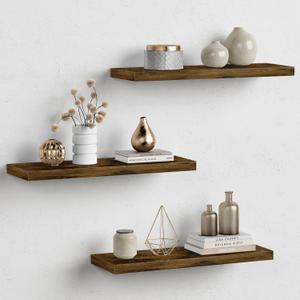 Forbena Rustic Wood Floating Shelves for Wall Set of 3, 24 Inches Long Wooden Hanging Shelves for Bedroom Books, Large Wall Mounted Shelves for Kitchen, Living Room, Closet Storage(Dark Brown), 23.6 Inch