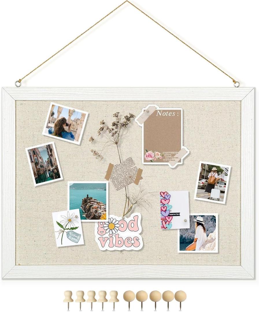 DOLLAR BOSS Bulletin Boards with Linen 1-Pack 16''X 12'' Double-Sided Cork Board for Walls Wood Framed Bulletin Boards, Small Pin Board for Home Kitchen Office Decorative Hanging 10 Pushpins (White)