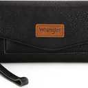Montana West X Wrangler Black Wallet for Women Large Wristlet Wallet with Rfid Lining Trifold Cash Wallet with Coin Purse and Detachable Wrist Strap