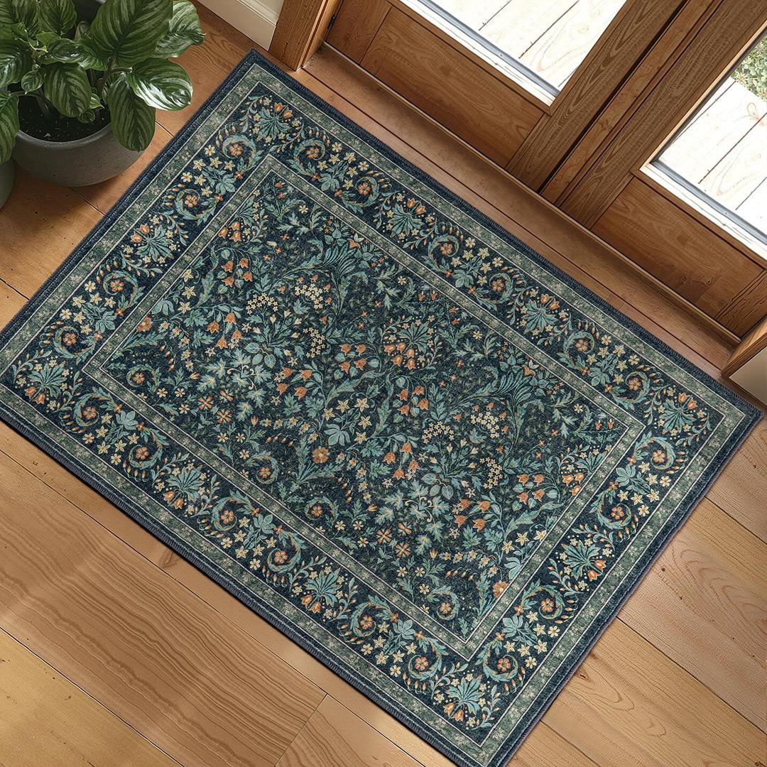 Woaboy Washable Entry Rug 2x3 Front Door Throw Rugs Vintage Floral for Entryway Kitchen Bathroom Door Mat Indoor EntranceNon-Slip Low Pile Stain Resistant Soft Dark Green/Navy/Black