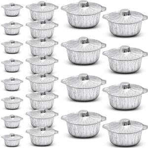  24 Pcs Disposable Aluminum Pot with Lid Round Foil Pans Disposable Cookware Food Container for Vacation Trips Camping Baking Heating Cooking (33.8,67.6,121.7 oz)