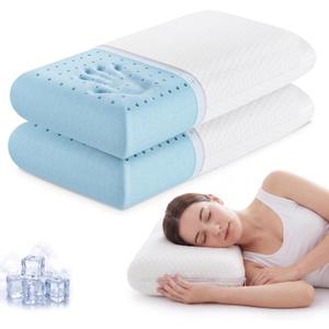 Sweetcrispy Cooling Gel Memory Foam Pillows for Sleeping, Back and Side Sleeper Support, Standard Size and Medium Firm, Bed Pillows for Adults with Washable Cover and Breathable Mesh – 2 Pack, White