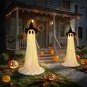 Halloween Decorations Outdoor, Wind-Resistant Ghost Decor with USB String Lights, Scary Door Decoration Outside with Waterbags & Hats, Ideal for Party/Porch/Yard/Garden/Lawn, White, 5Ft, 2 Pack