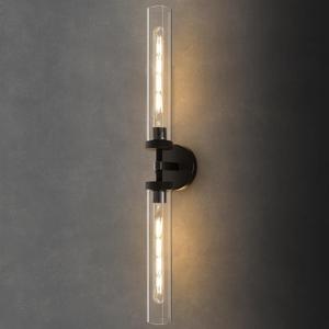 Knurled Brass Tube Wall Sconce - Luxury Modern Dimmable Sconces with Bulbs - Black Glass Vanity Light Fixture - Vertical or Horizontal Mounted Indoor Lighting for Bathroom Bedroom Living Room