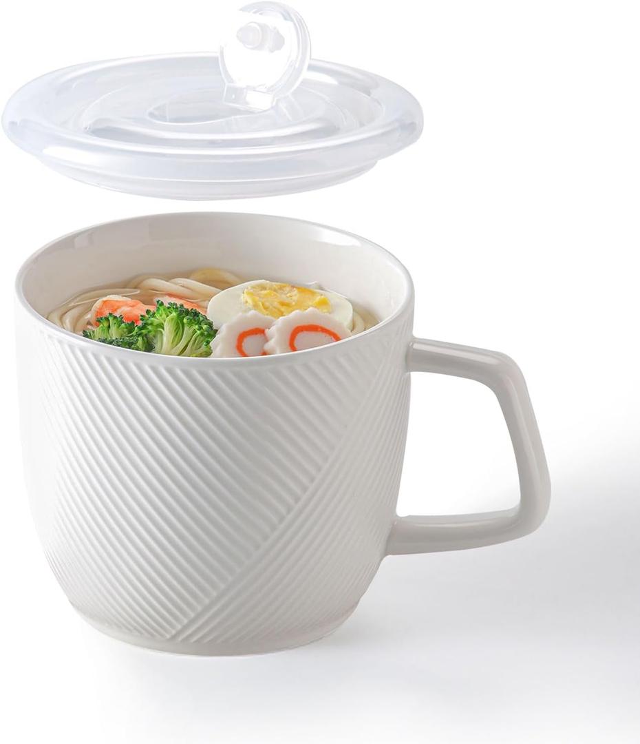 Ceramic Soup Bowl With Lid & Handle: 32 Oz Microwave Safe Food Container For Ramen Noodles Cereal Leftovers - Extra Large Mugs For Breakfast Lunch Picnic Camping - White, Set Of 1
