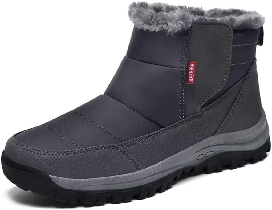 Jakcuz Mens Waterproof Warm Faux Fur Hook and Loop Snow Boots Size 42 Cotton High Top Non-slip Walking Boot Shoes (10.5, Dark Grey)