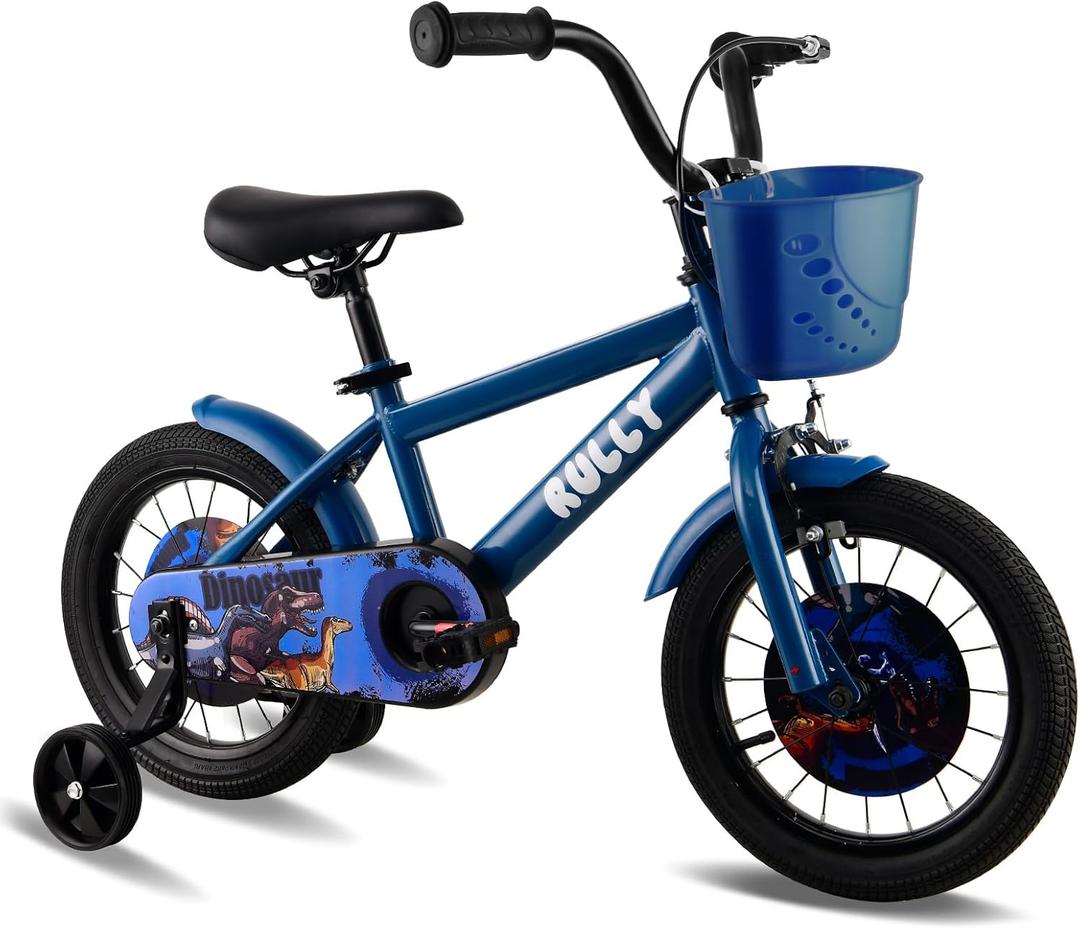 RULLY Dinosaur Kids Bike for Ages 2-7 Years Old Boys, BMX Style Kid's Bikes with Training Wheels, Children Bicycle for Kids and Toddler, s (Blue)