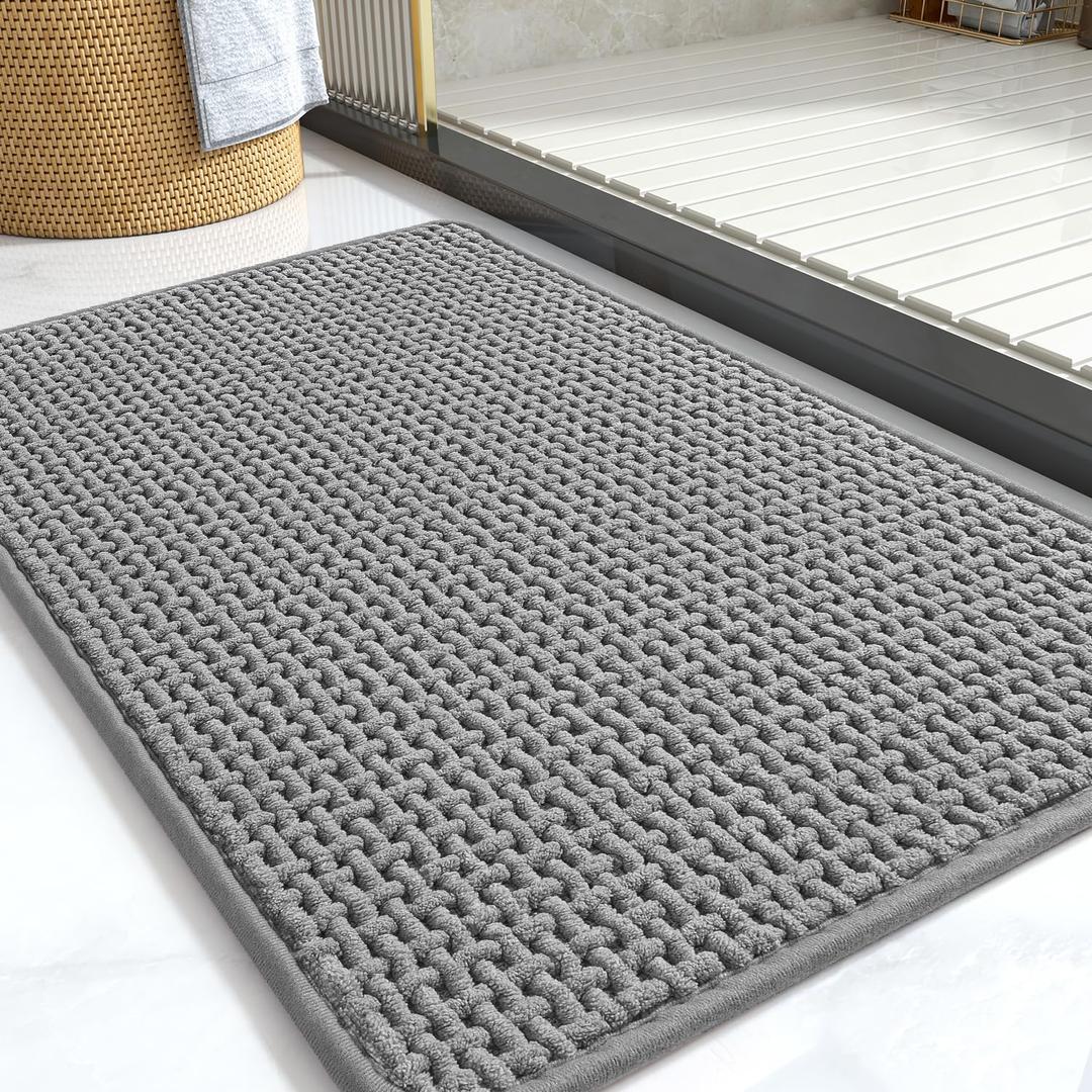 COCOER-Chenille Bath Mat-Rubber Backing Bathroom Rugs Non Slip-Super Absorbent Bath Mats for Bathroom Floor-Quick Dry Bathroom Mat Thin Bath Rugs Fit Under Door-Grey 20''x47'' (20x47in)