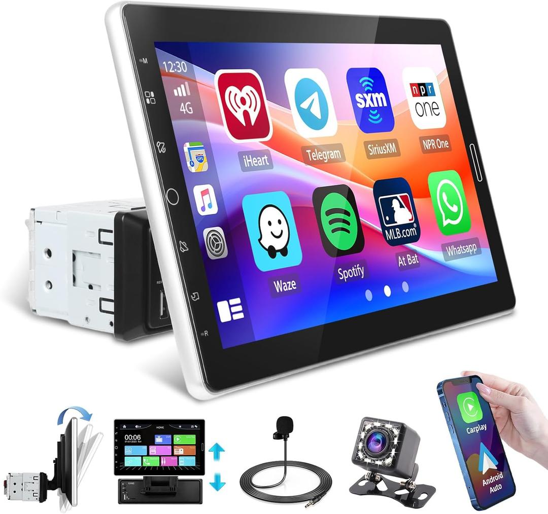 Hikity Single Din Car Stereo Carplay Android Auto Removeable 10.1 Inch Touchscreen Car Radio with Bluetooth FM Mirror Link Backup Camera + Microphone/AUX/USB