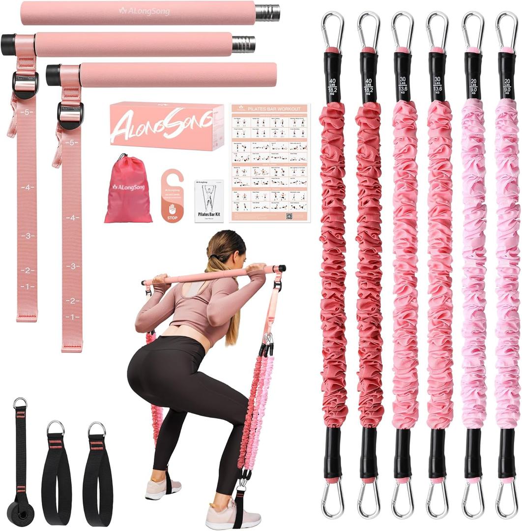 Upgraded Pilates Bar Kit with Resistance Bands Natural Latex for Women & Men, Heavy-Duty Stainless Steel Multifunctional Yoga Pilates Stick for Home Gym Exercise Fitness Equipment Full-Body Workouts (20/30/40lbs, Coral Pink)