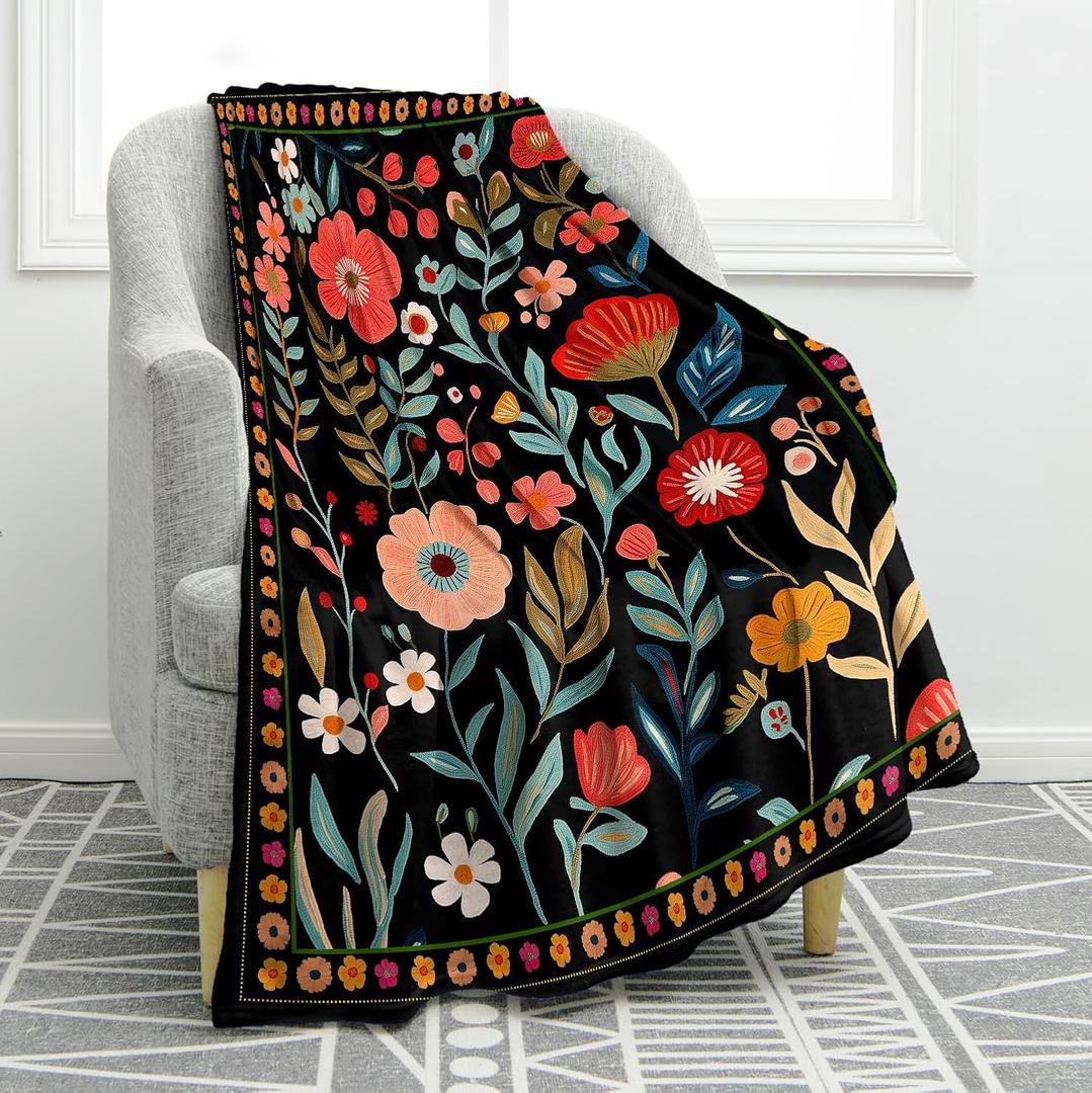 Jekeno Colorful Flowers Plant Blanket Floral Gifts for Women Kids Girls Mom Wife Sister Female Friends Birthday Christmas Halloween Easter Decor Home Bedroom Living Room Throw Blanket 50"x60" (Black Red Blue)