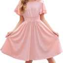 Arshiner Girl's Casual Dress Summer Scoop Neck Short Sleeve Flowy Print and Plain Sundress for Kids 4-14Y (11-12 Years, 0-pink)