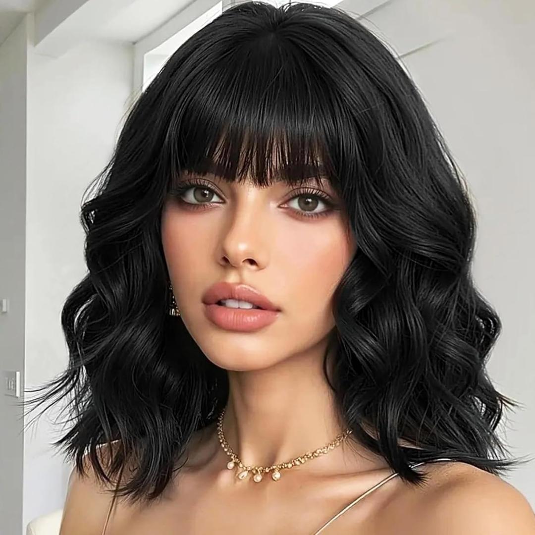 BATISI Black Wavy Wig with Bangs Soft Short Bob Wigs for Women Synthetic Shoulder Length Women's Curly Wigs for Costumes Cosplay Daily (14 Inch)
