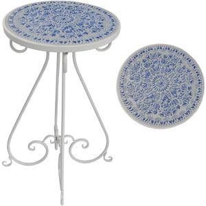 Vintage Outdoor Side Table Round Mosaic Ceramic Tile Top 14" Diameter Metal Plant Stand for Flower Pots Vase Garden Home Porch Pool Indoor Decor Weather Resistant Outside Patio Accent End Furniture, 14" X 14" X 21"