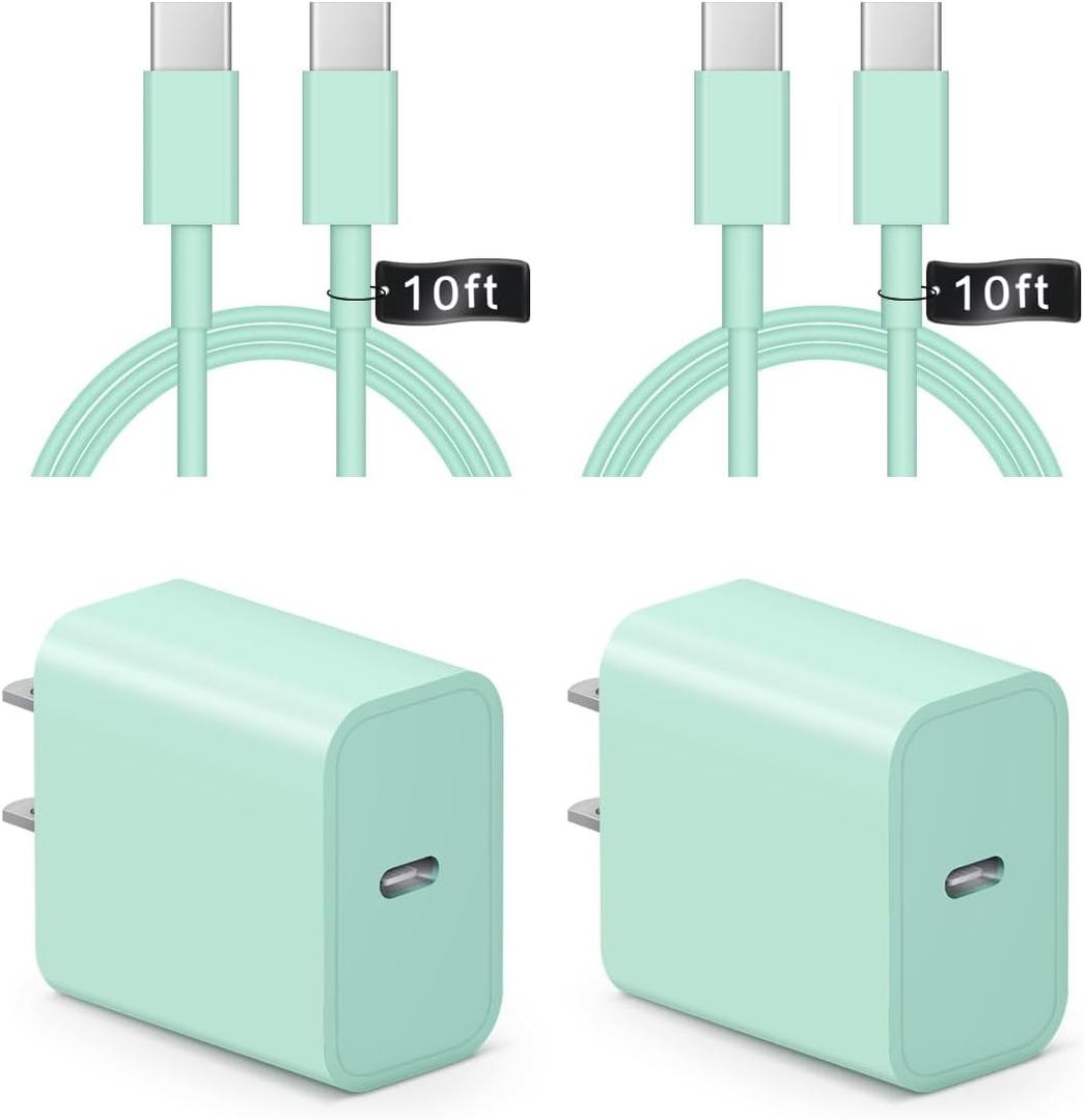 iPhone 17 16 15 Charger Fast Charging 10FT - 2 Pack 20W USB C Charger Block with Type C Cable Compatible with iPhone 17/17 Pro/17 Pro Max/Air/16/16e/15, iPad Pro, Air M3/M2/5/4, 11th/10th (Green)